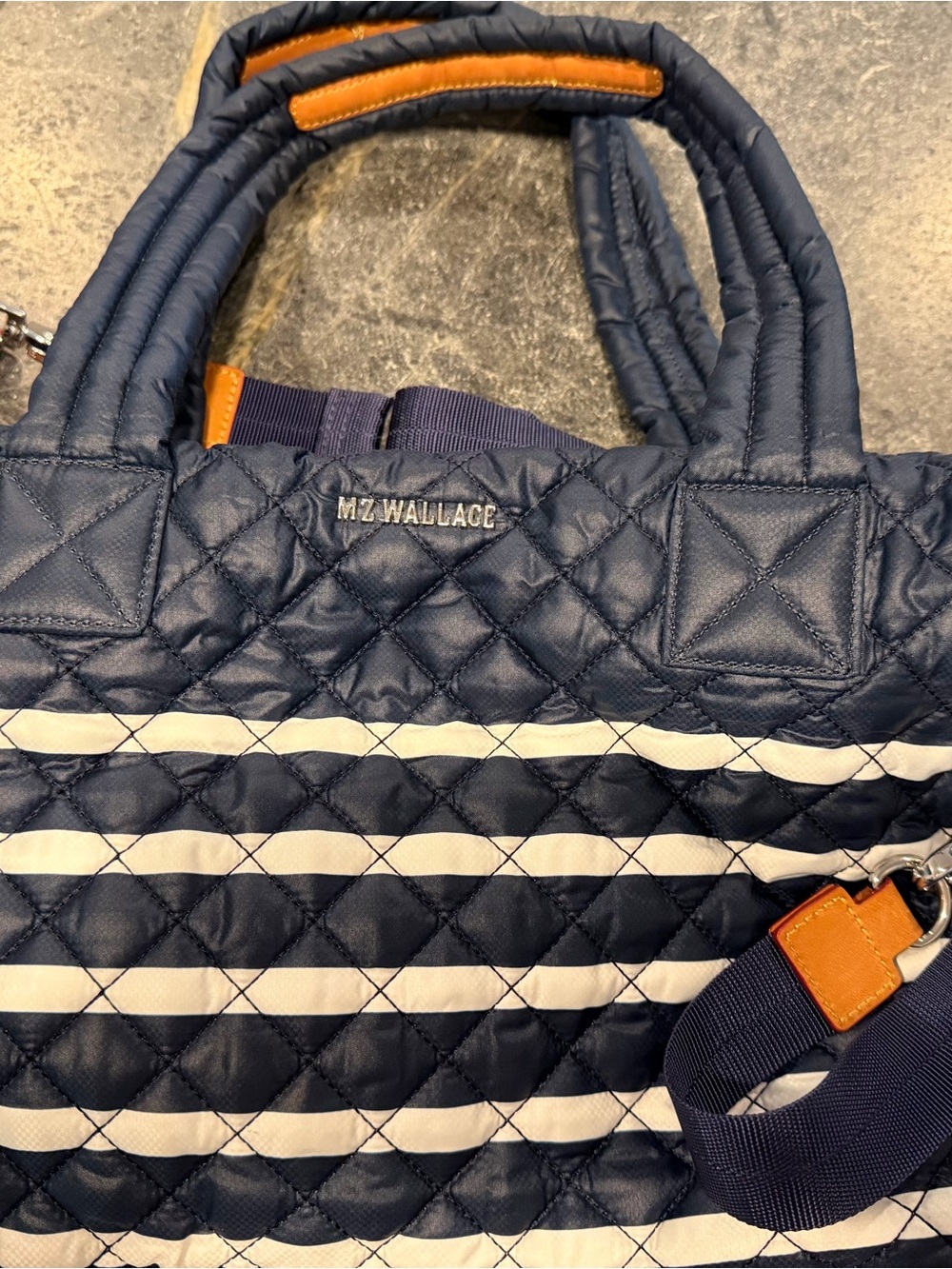 MZ Wallace Medium Sutton Deluxe Quilted Navy & White Striped Tote w Tan Accents